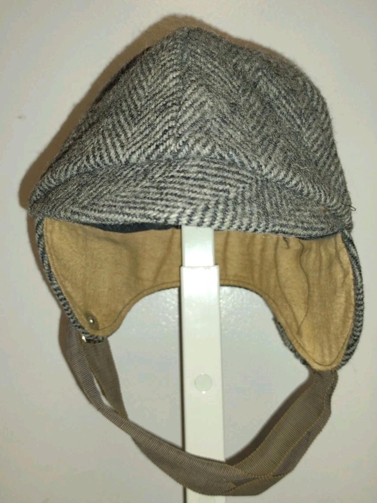 Vintage 40s Wool Herringbone Alpine Ski Cycling Ear Flap Cap Gray Tweed Hat