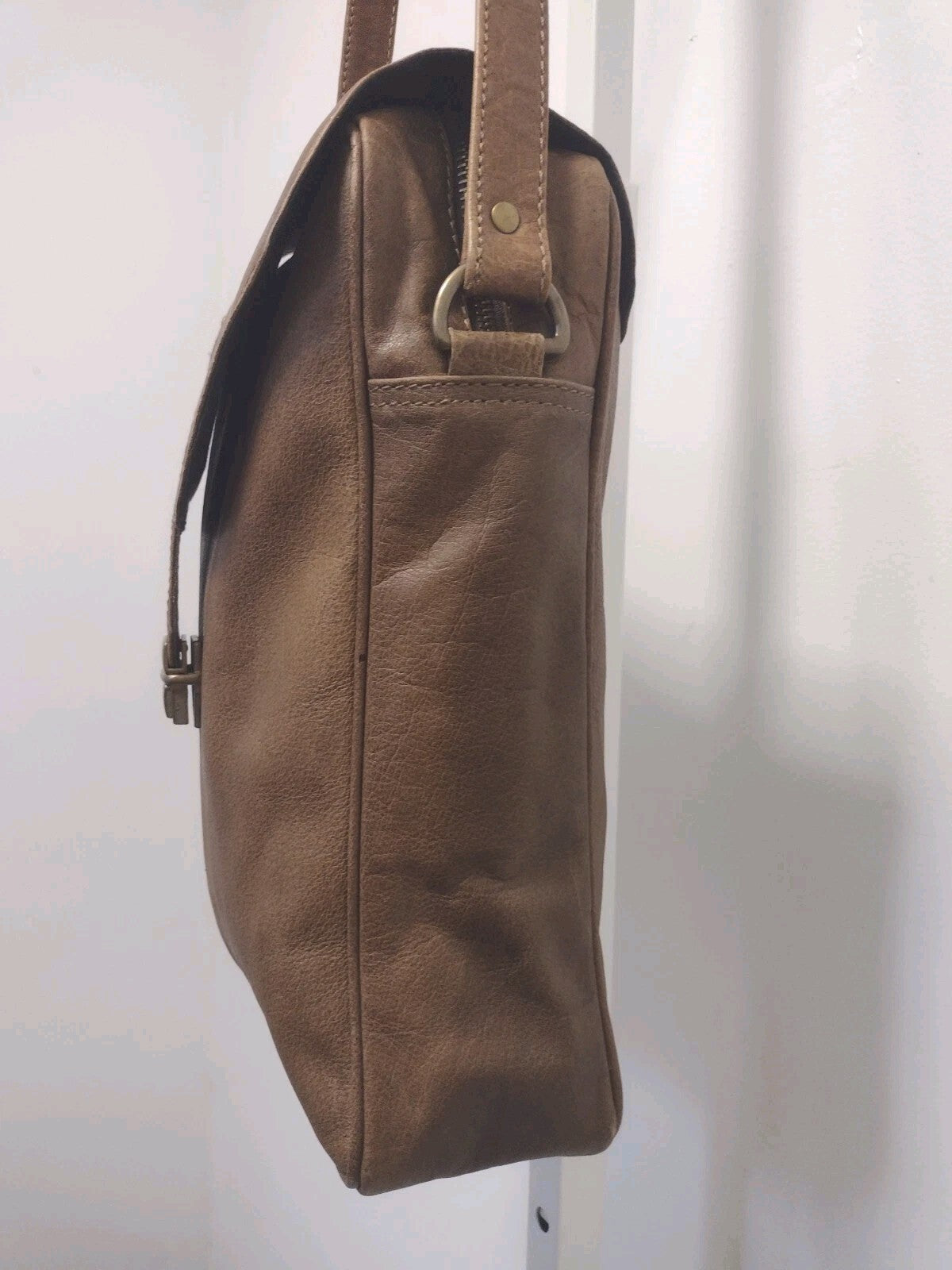Vintage Leather Document Satchel Bag Brass Push Lock YKK Zipper Adjustable Strap