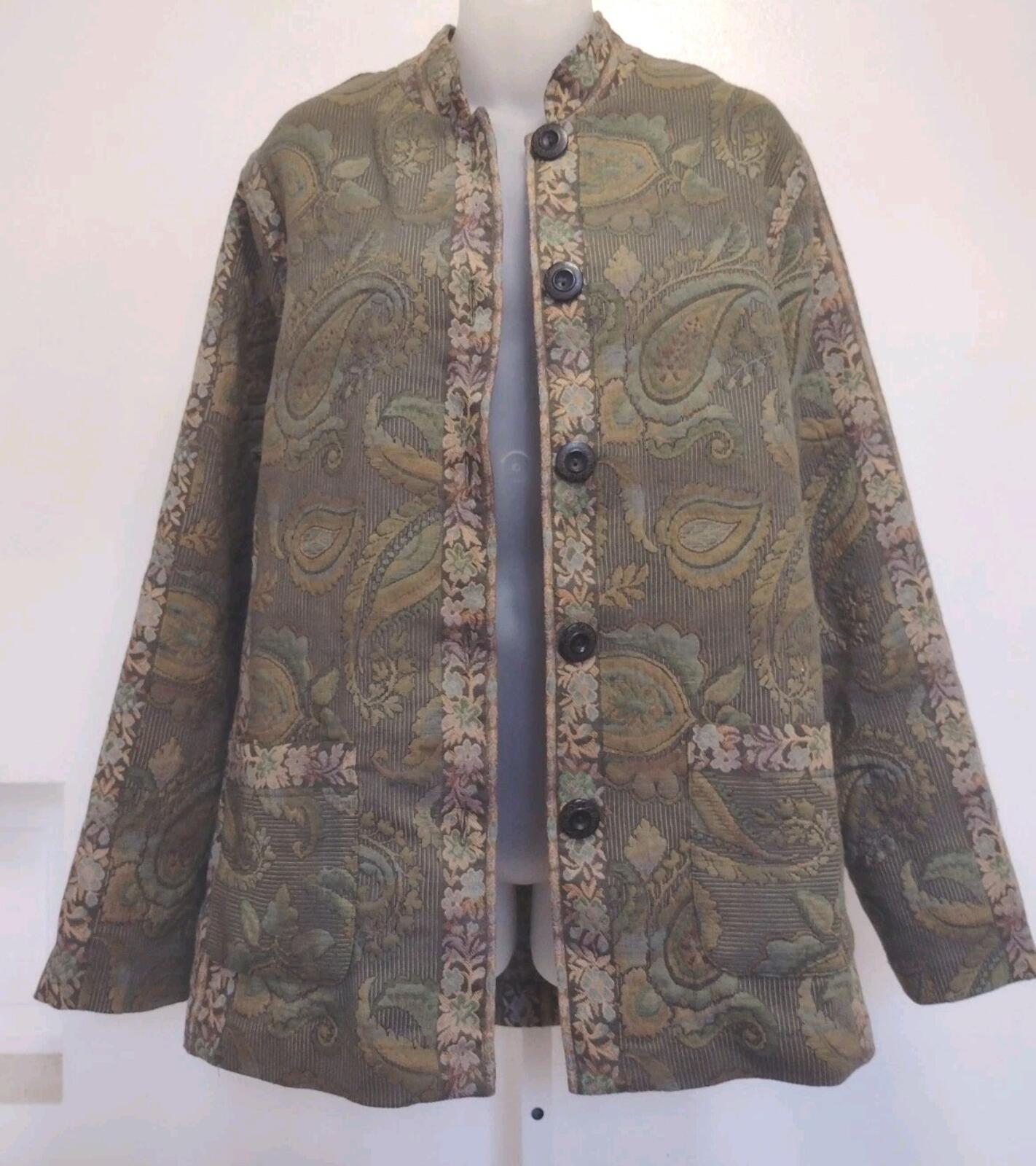 Vintage Koret Tapestry Jacket XL Floral Jacquard Earth Tones Mandarin Collar