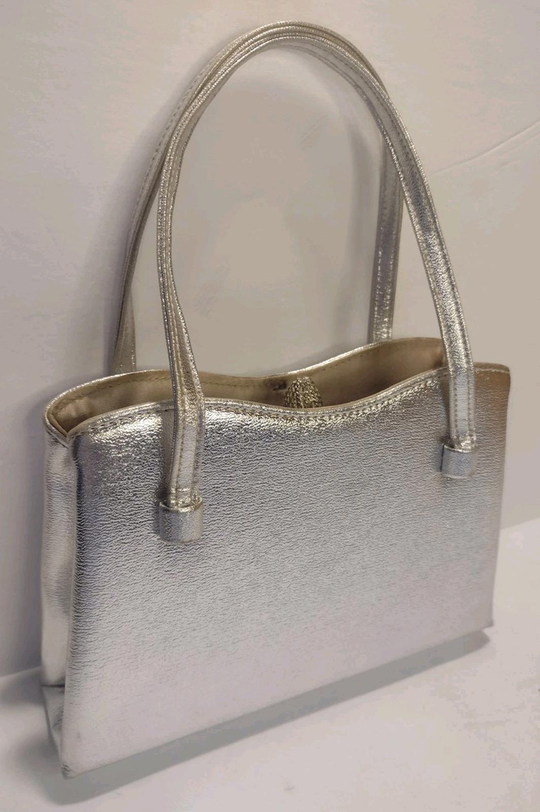 VTG 50s Silver Metallic Frame Bag HL USA Faux Leather Rope Clasp Tassel Detail