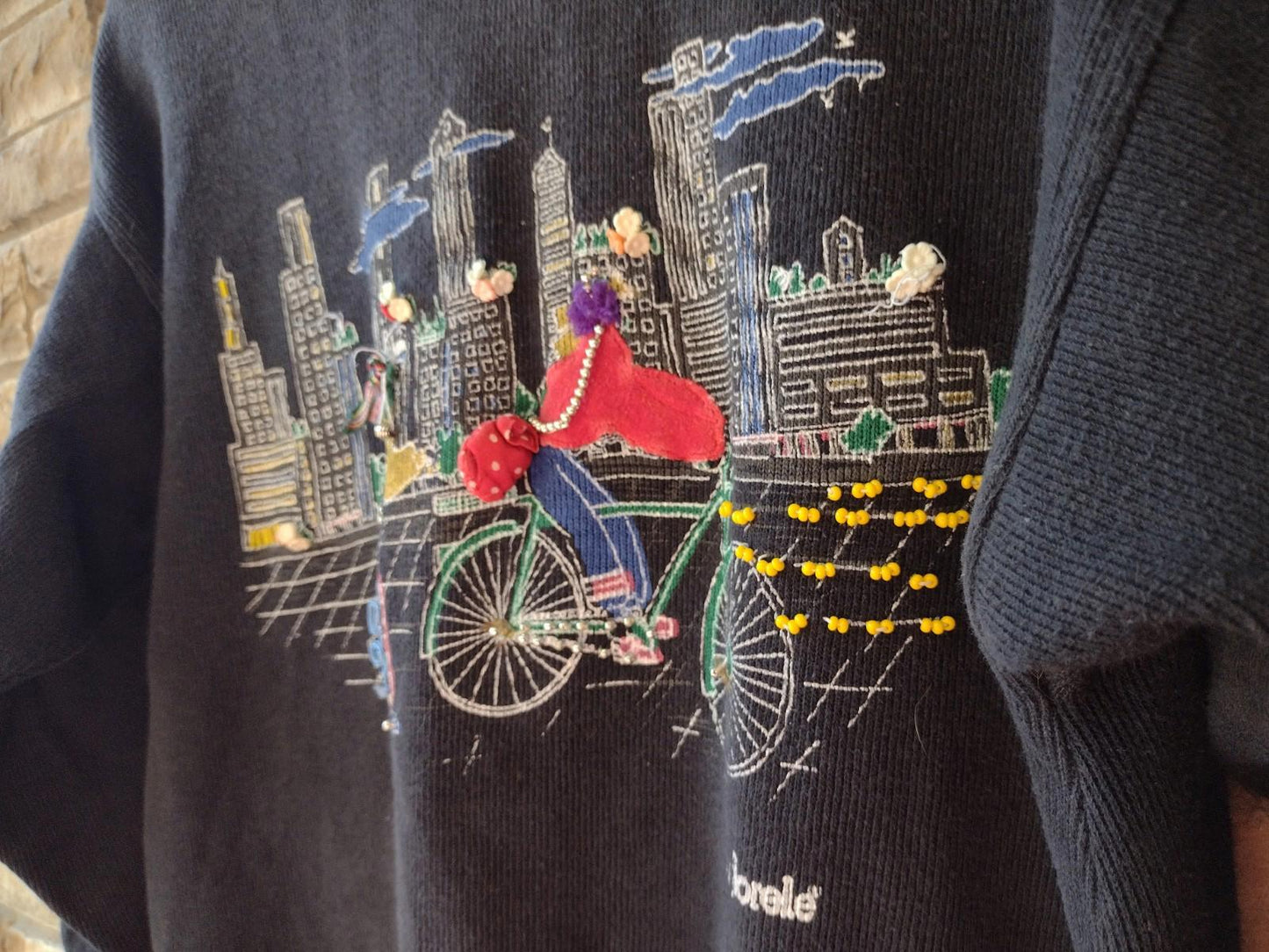Rare 80s Fiorelle Paris 3D Artwear Sweatshirt Bicycle Cityscape M/L Handmade