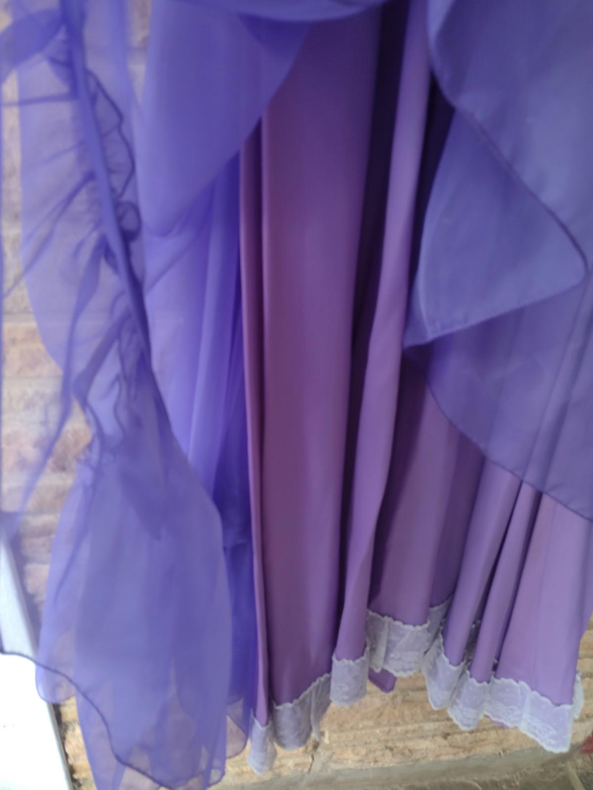 70s Purple Chiffon Prairie Gown Lace Ruffles Satin Lining S