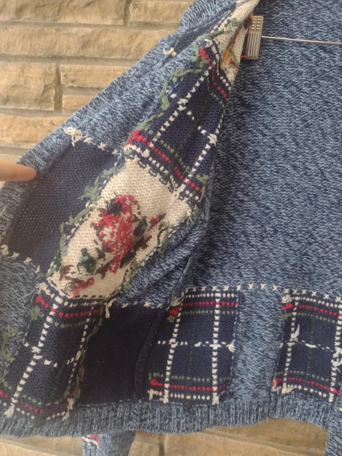 Nutcracker Ramie Cotton Blue Patchwork Cardinal Holiday Sweater Medium