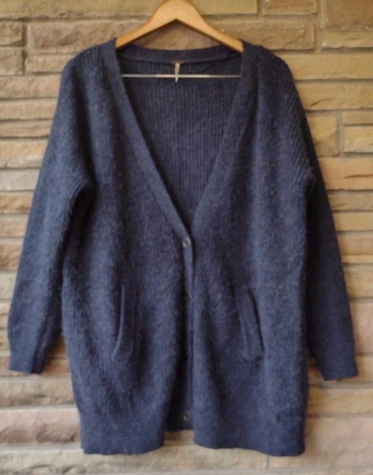 Free People Cloudy Day Wool Mohair Alpaca Fuzzy Grandpa Cardigan S Charcoal