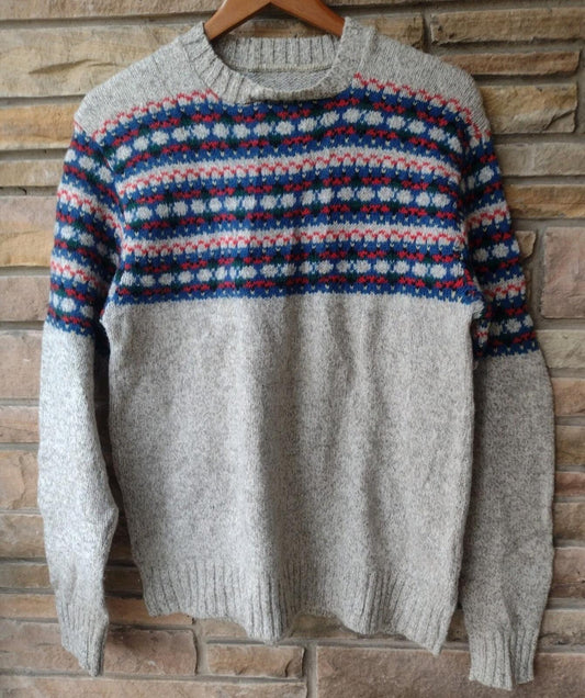 Vintage 70s Wool Nordic Fair Isle Sweater Men S/M Gray Multicolor Knit