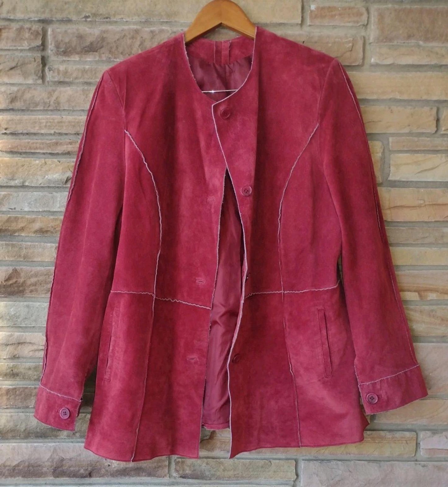 Vintage 90s Dark Red Suede Leather Patchwork Jacket L Boho Raw Edge Excellent
