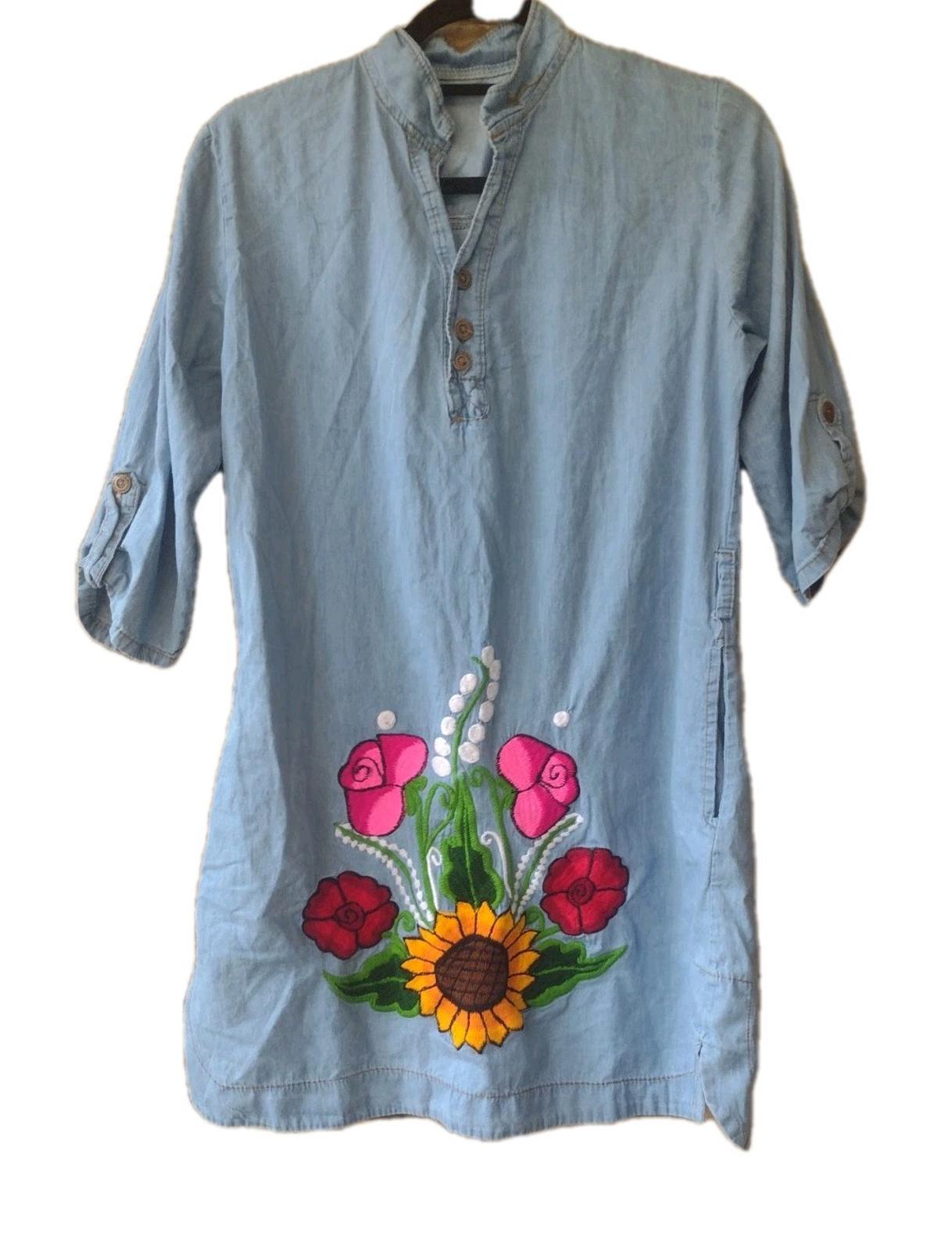 Vintage Denim Dress S/M Embroidered Sunflowers Roses Militaires Equipments
