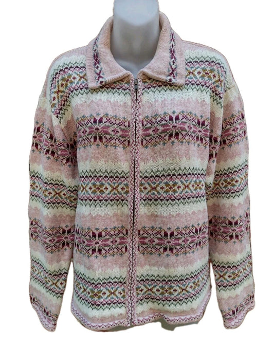 XL Tiara Pink Fair Isle Ramie Cotton Zip Knit Sweater Cottagecore Grandma Pink
