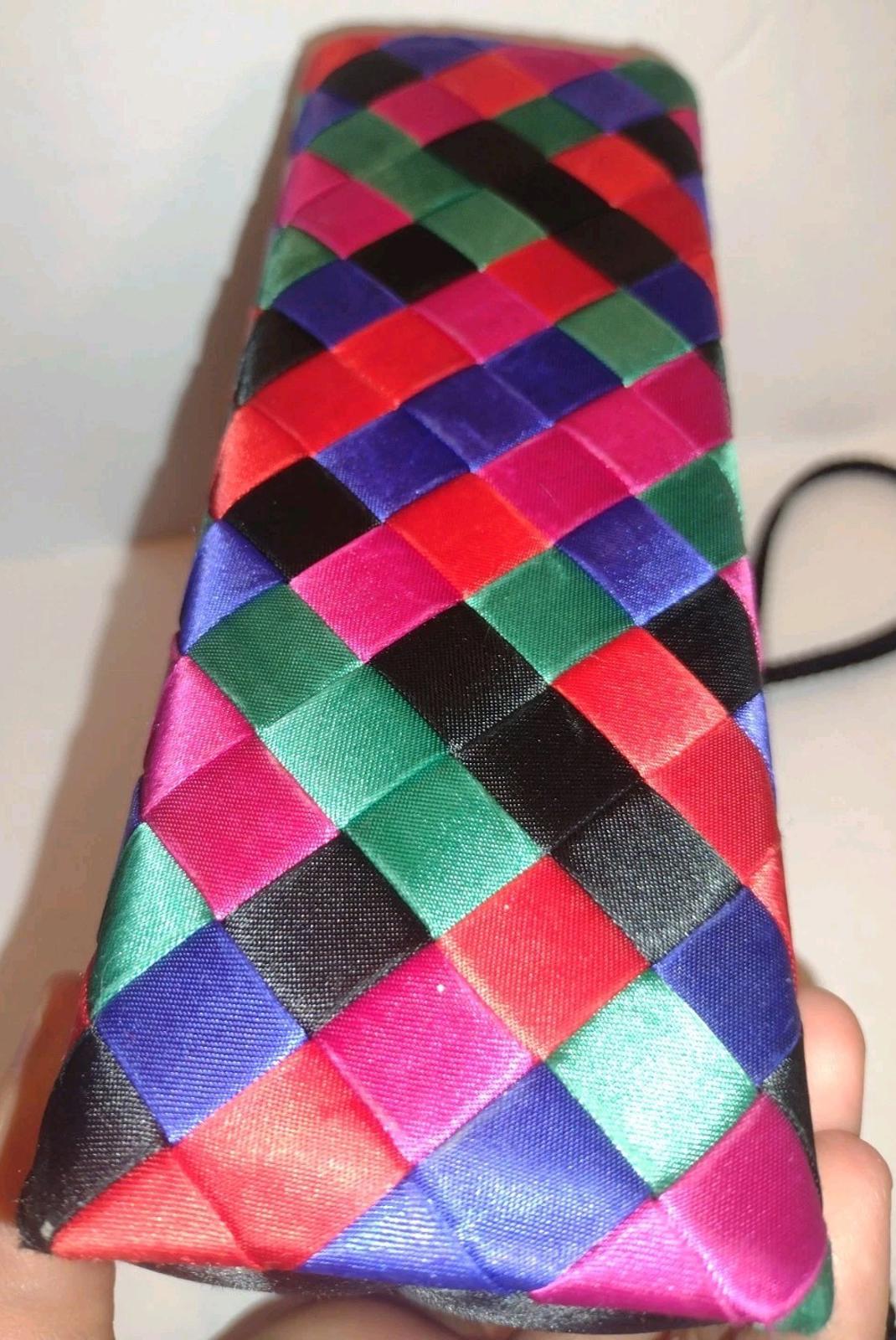 VTG VANESSA Woven Ribbon Hard Shell Clutch Shoulder Bag Multicolor Satin Lined