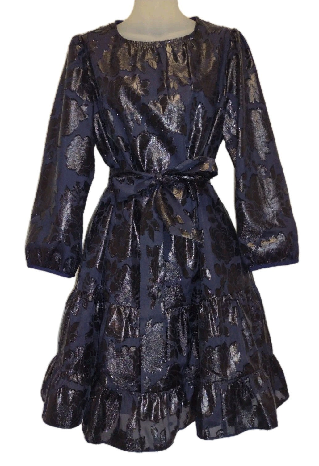 Kate Spade Full Bloom Dress Whimsy Goth Metallic Floral Tiered Ruffle Belt L