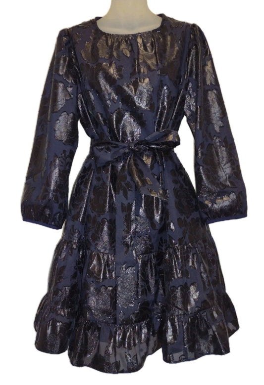 Kate Spade Full Bloom Dress Whimsy Goth Metallic Floral Tiered Ruffle Belt L