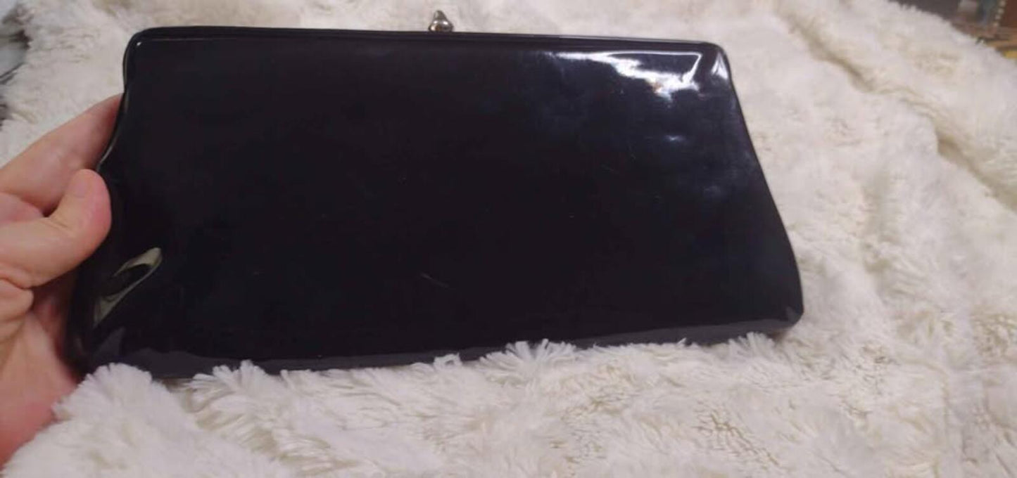 '50s black patent leather clutch frame bag catch fastener