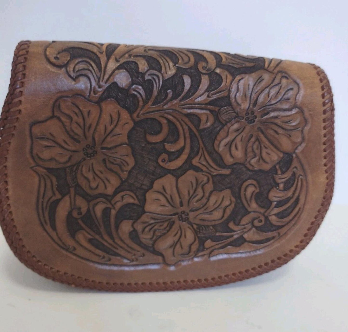 VTG 60s Hand Tooled Leather Clutch Floral Boho Western Artisan Structured Purse