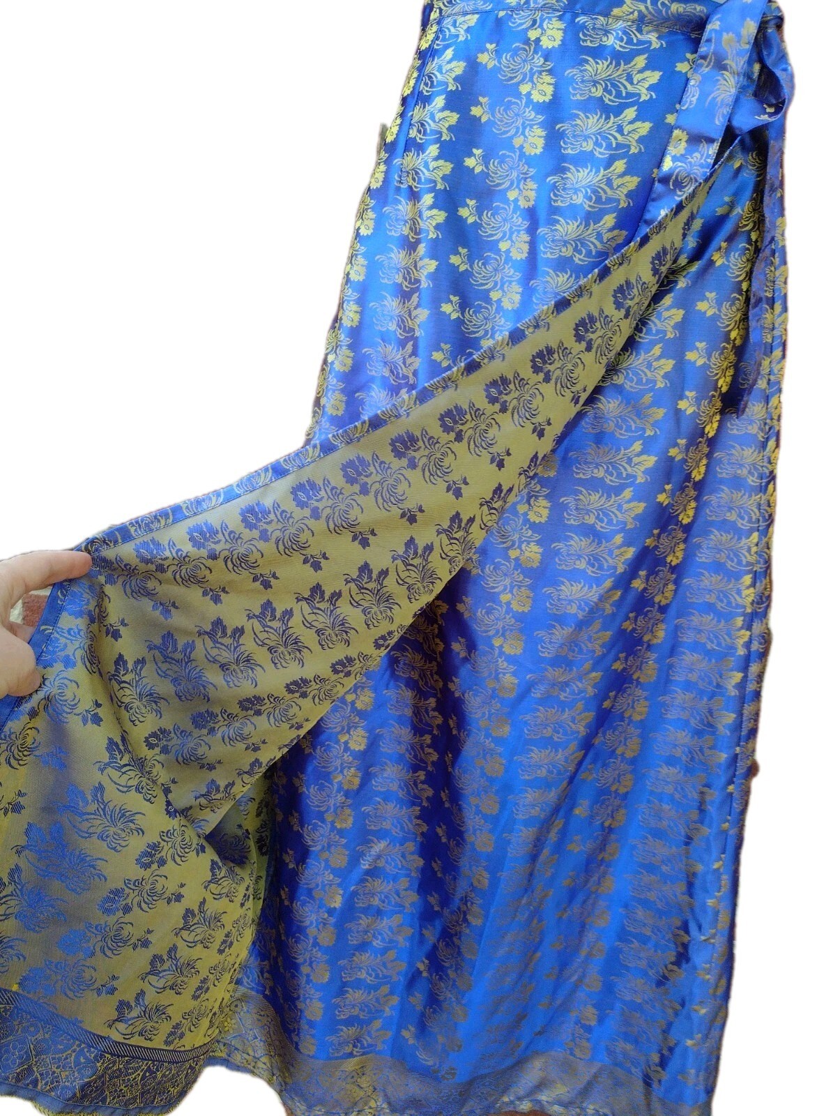 Soho Village Wear Wrap Maxi Skirt Blue Gold Floral Brocade Chinoiserie Boho M