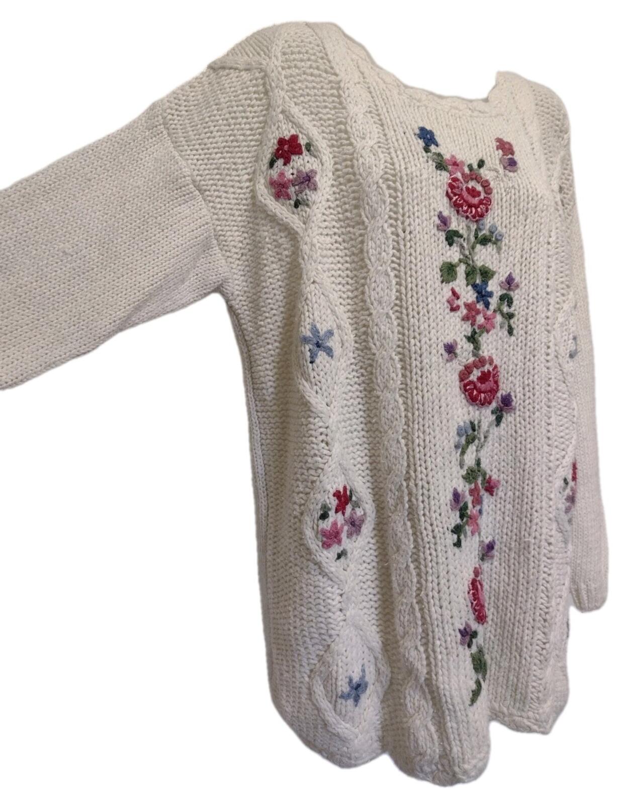 Vintage 80s Bobbie Brooks Hand Knit Floral Ramie Sweater L Korea Scallop Hem