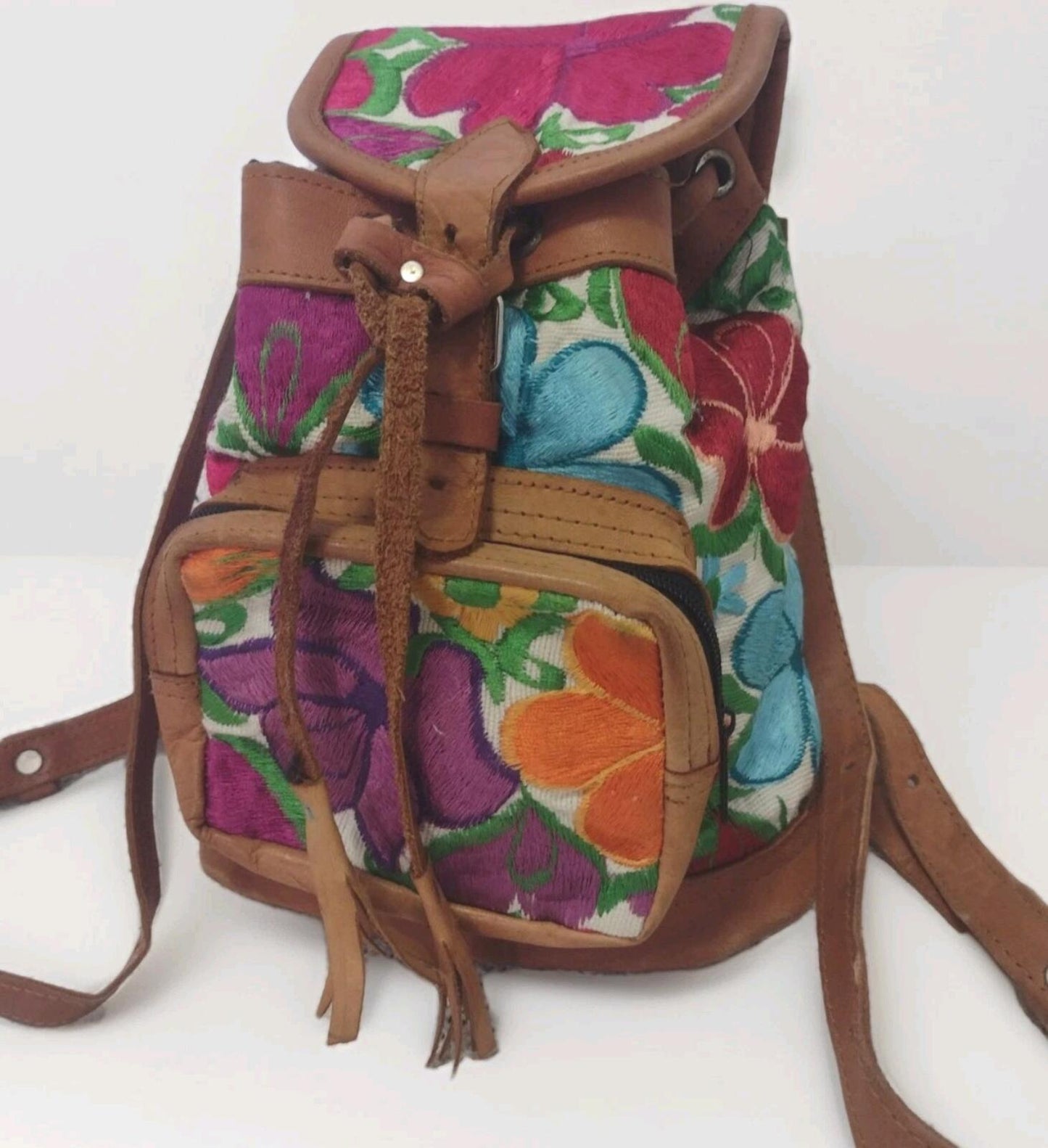 Vintage Handmade Embroidered Floral Leather Mini Backpack Boho Folk Art