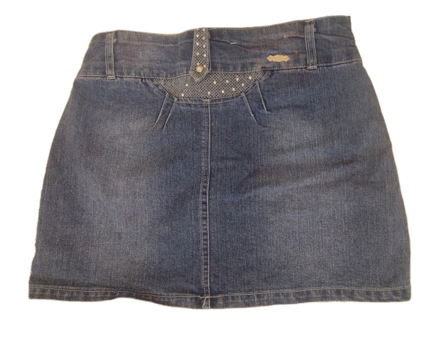 Sugar Jeans Y2K Rhinestone Distressed Denim Micro Mini Skirt Sz 9/10 Embellished