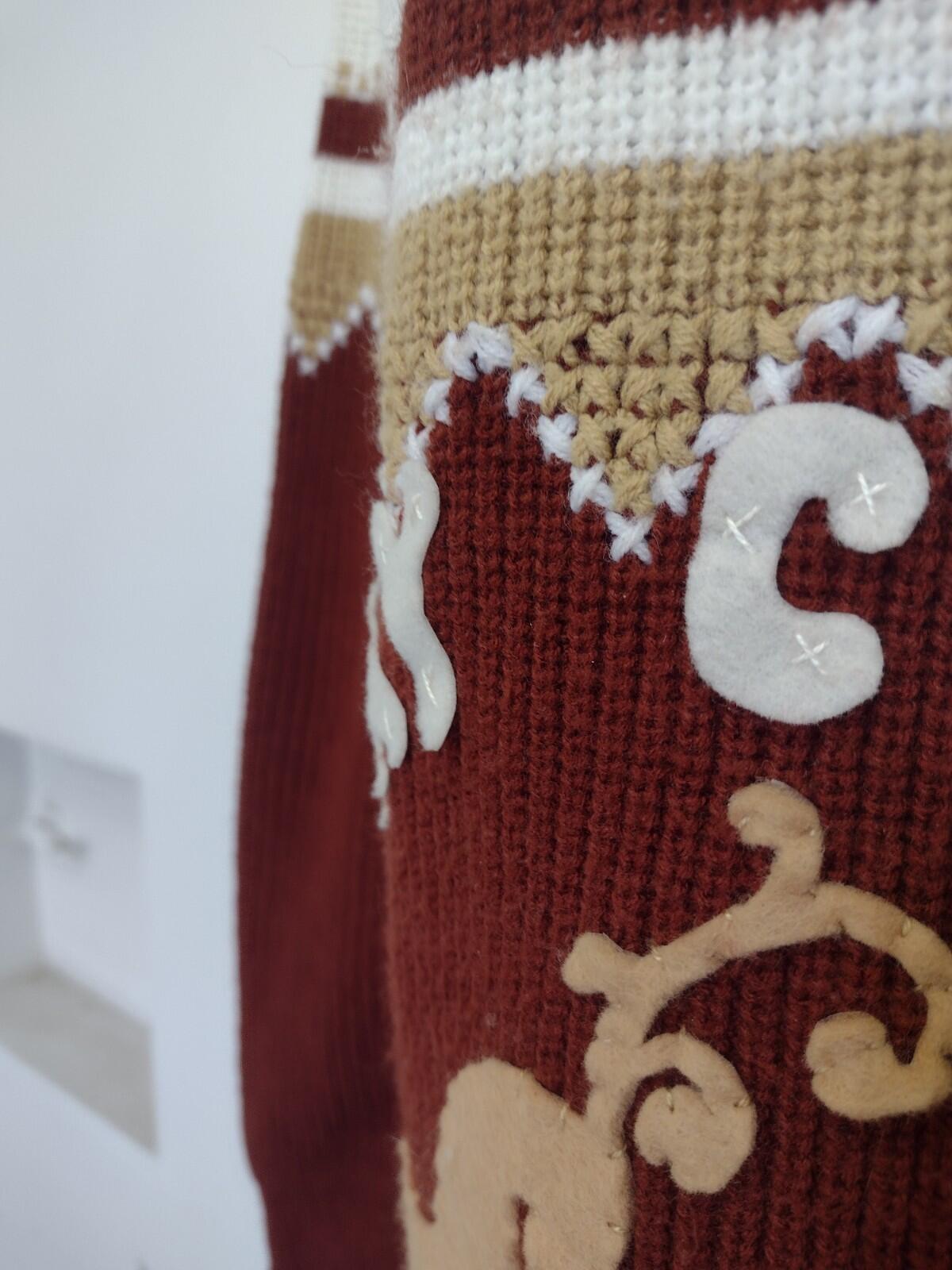 VTG 70s Studio One Campus Christmas Sweater L Brown Tan Reindeer Felt Applique