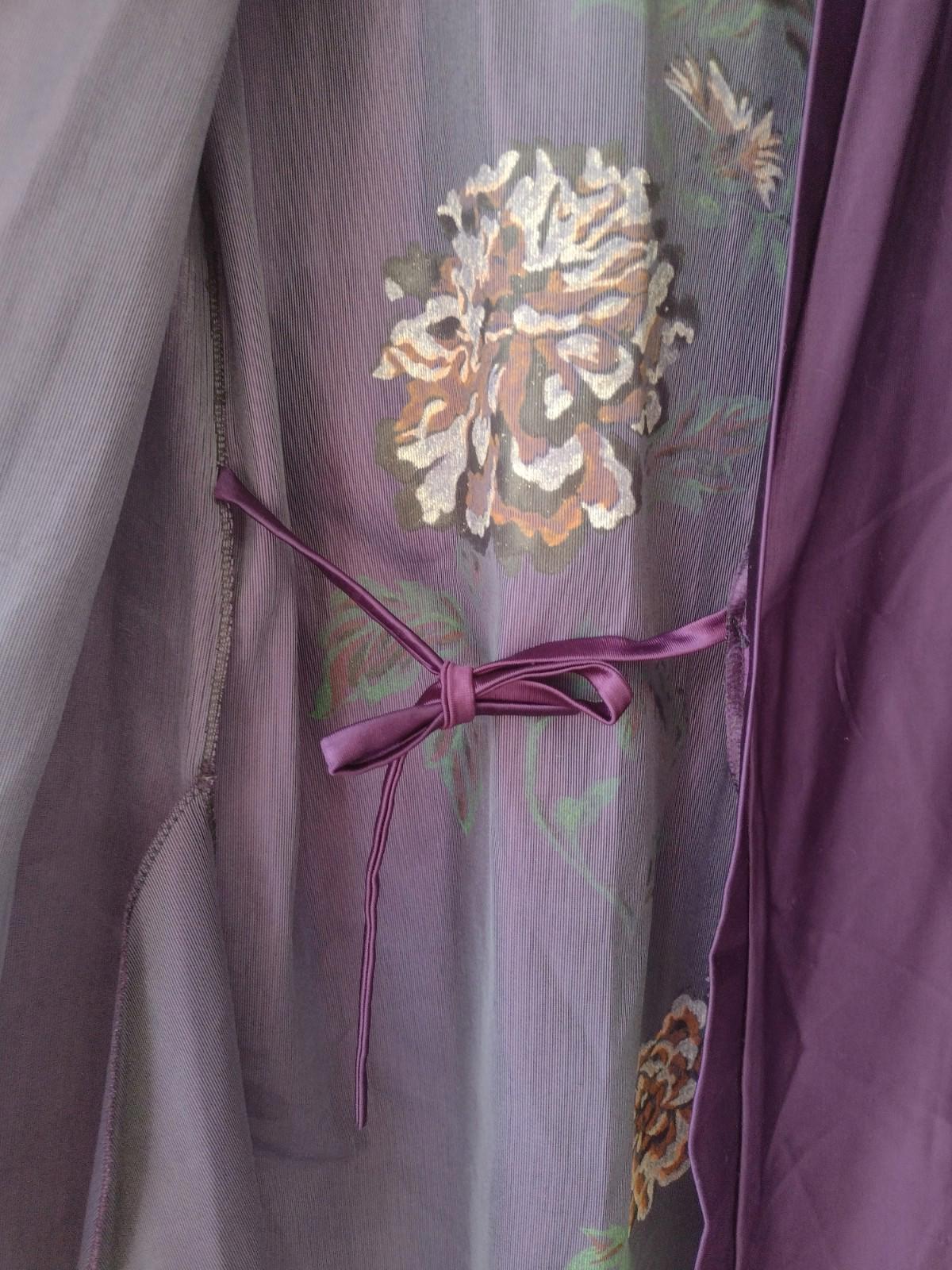 Vintage Julie Girl Purple Satin Robe Hand-Painted Floral Artwear Kimono 1980s