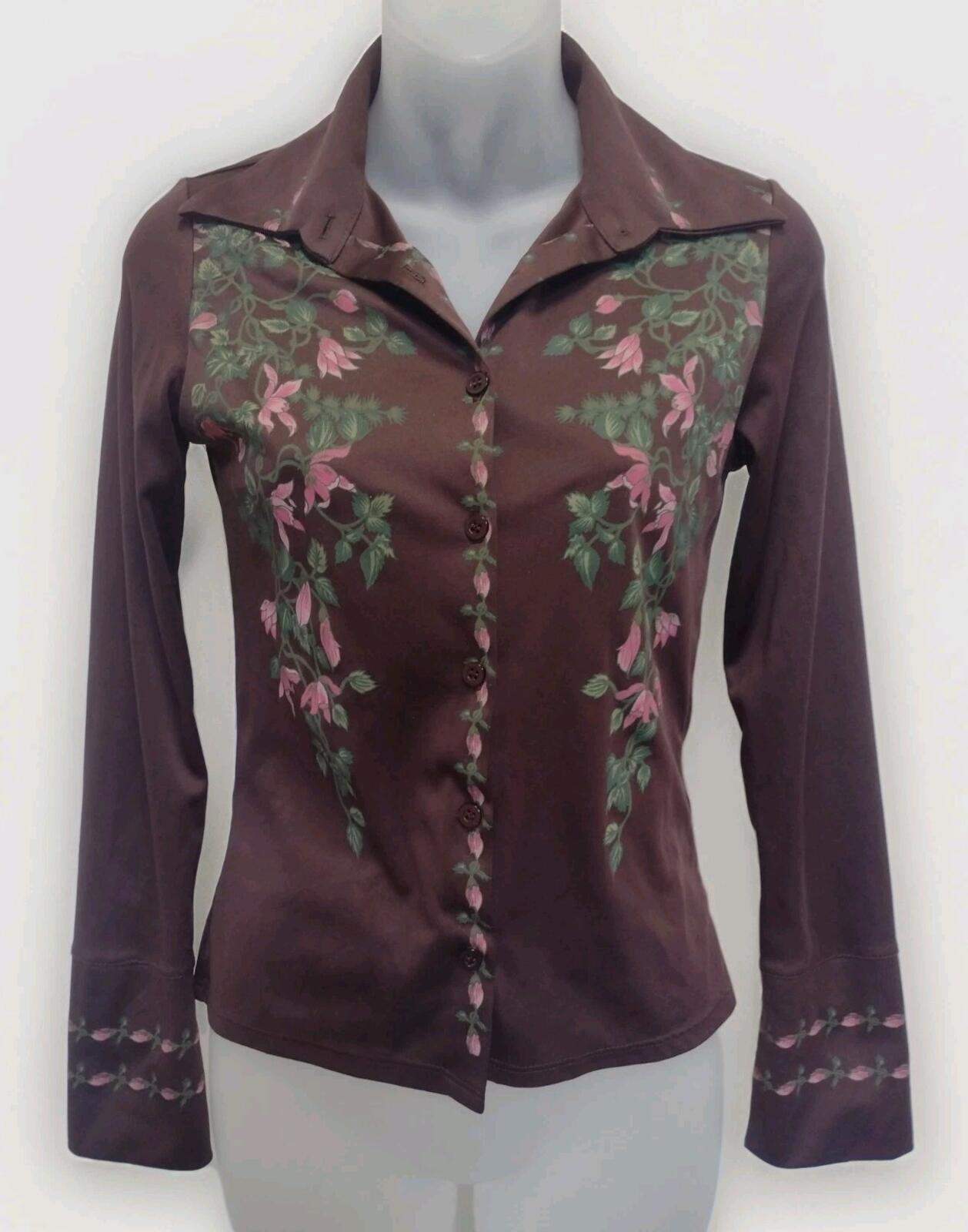 70s Brown Floral Print Button Up Blouse Long Sleeve Boho XS