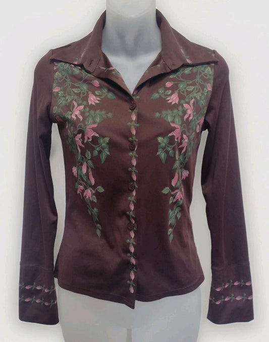 70s Brown Floral Print Button Up Blouse Long Sleeve Boho XS