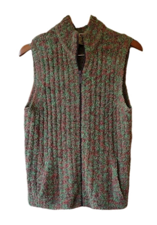 Woolrich Sweater Vest Popcorn Knit Boucle Women's S Green Brown Zip Wool Blend