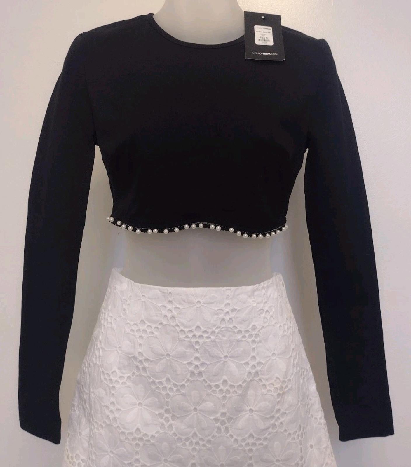 NWT Fashion Nova Audrey Crop Top Only in Black Pearl Trim Sz S