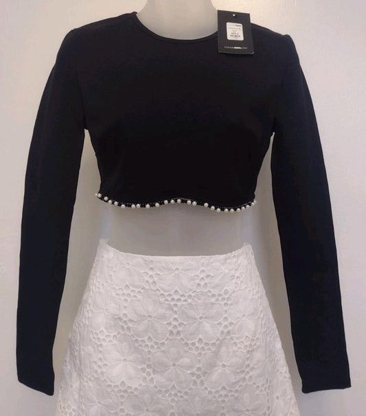 NWT Fashion Nova Audrey Crop Top Only in Black Pearl Trim Sz S