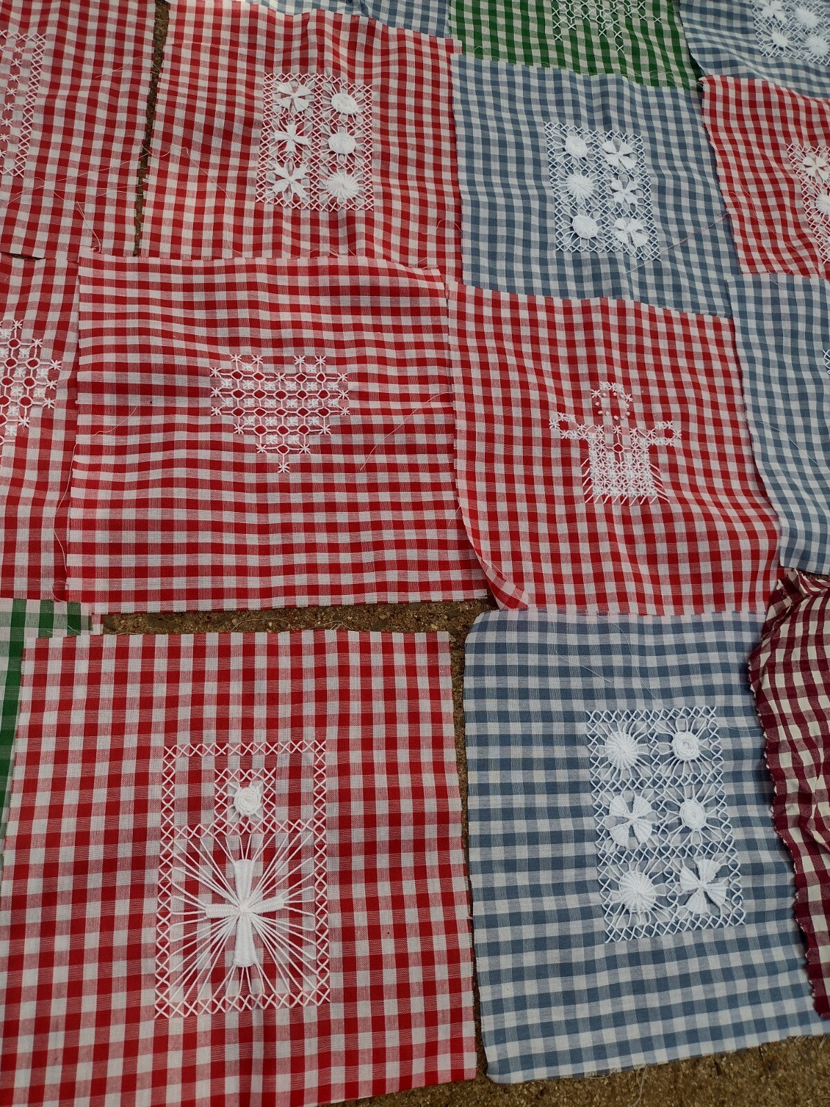 20 Vintage Chicken Scratch Gingham Quilt Blocks Hand Embroidered Folk Art