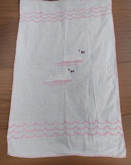 VTG 50s Tufted Yarn Duck Runner 30x60 Feedsack Dresser Scarf Pink Brown Cream