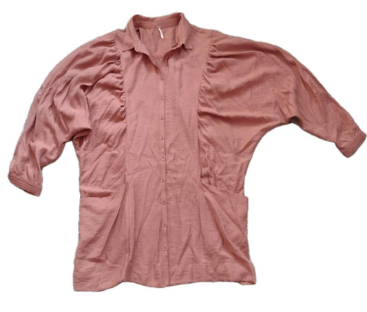 Free People Terracotta Button-Up Tunic /Dress Batwing Pleated Pockets Sz M