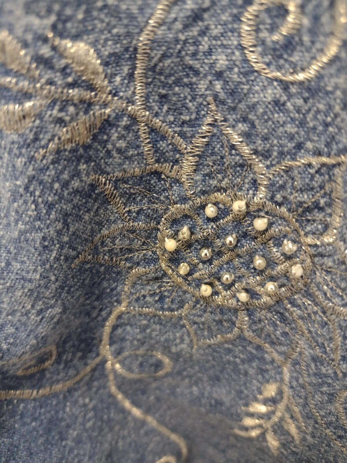 Vintage Embroidered Beaded Denim Blouse L Collarless Acid Wash 80s 90s Thailand