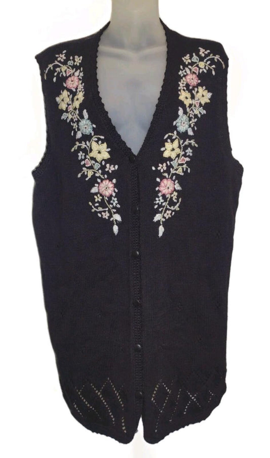 VTG 90s XL Ramie Cotton Floral Embroidered Knit Vest Black