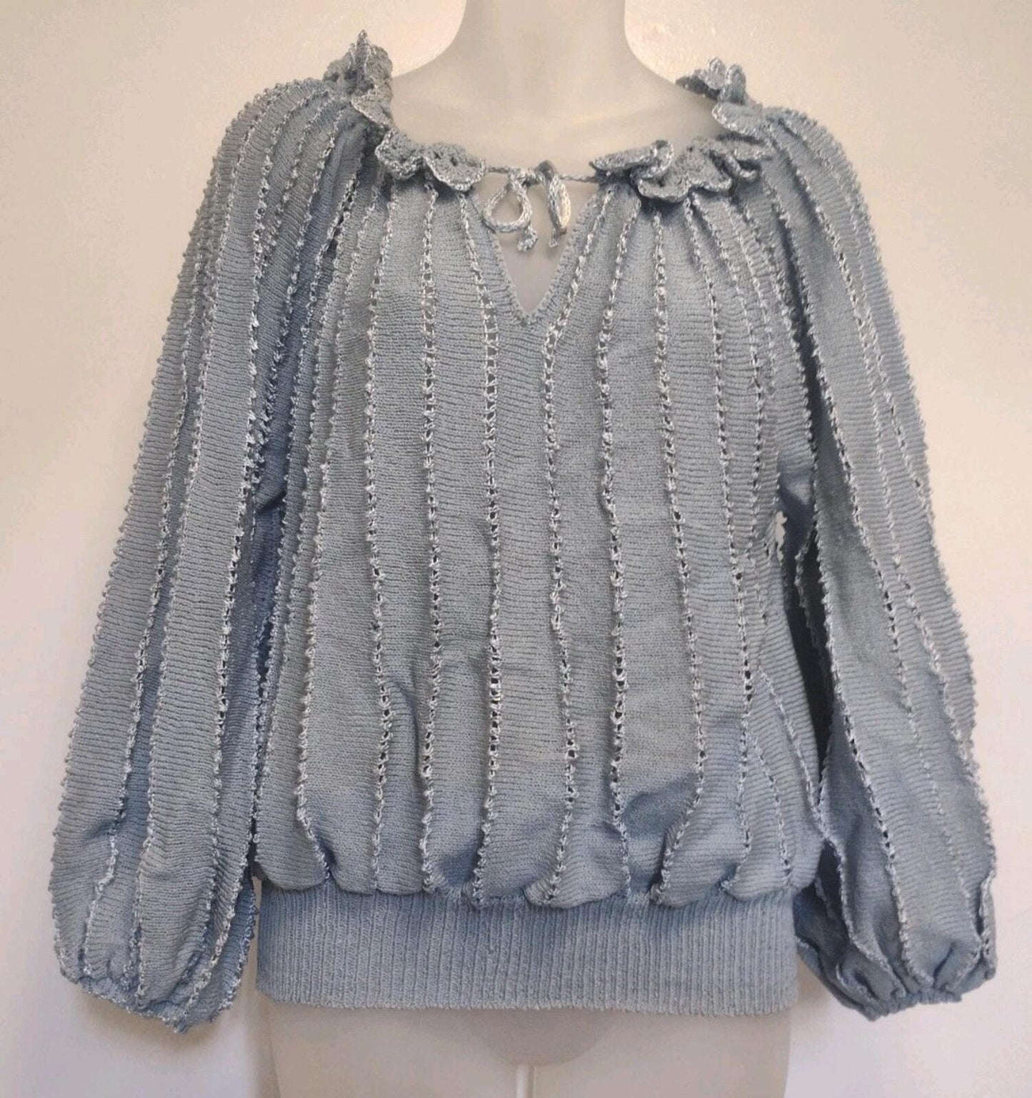 Vintage Miss JoAnn California Blue Knit Set Crochet Collar Top Skirt 1970s