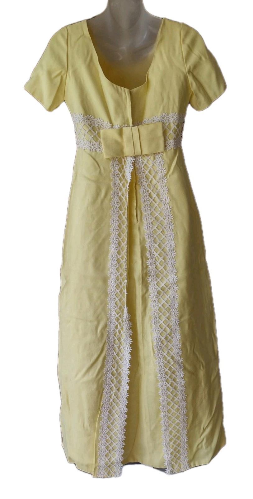 VTG Deadstock 60s ILGWU Yellow Shantung Empire Waist Maxi Dress Lace Trim NOS