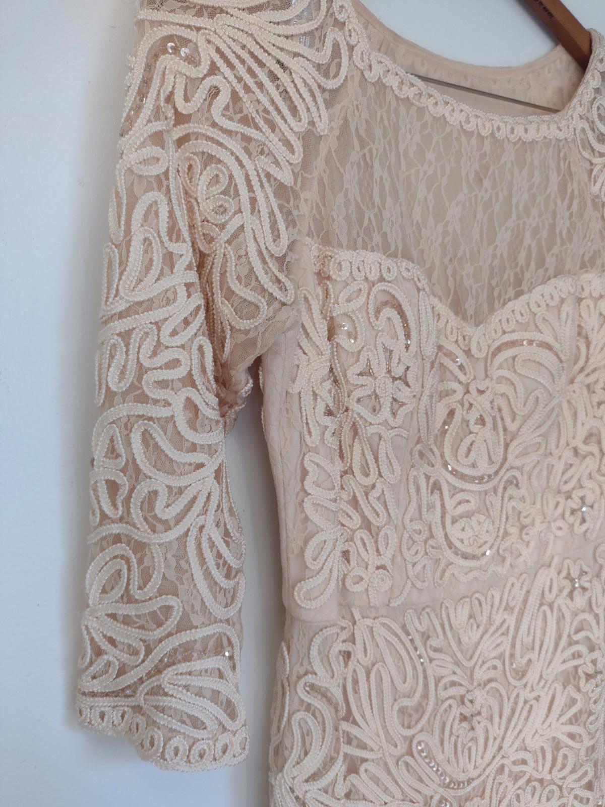 Sue Wong Nocturne Champagne Beaded Lace Embroidered Cocktail Dress Sz 8