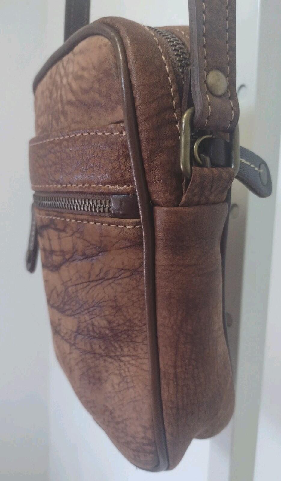 Vintage 80s Bacare Nubuck Leather Crossbody Bag Argentina Brown Brass 7x9x2
