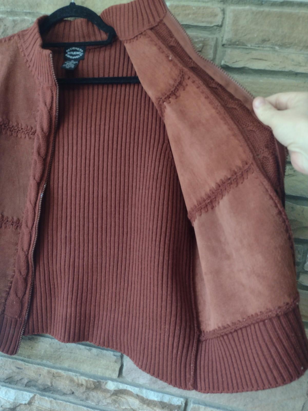 VTG Rust Knit Suede Vest XL 2-Way Zip Crochet Trim Y2K Boho Western RN63757