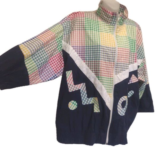 Vintage Adolfo Sport Colorblock Jacket XL Geometric Gingham Zip Memphis 80s
