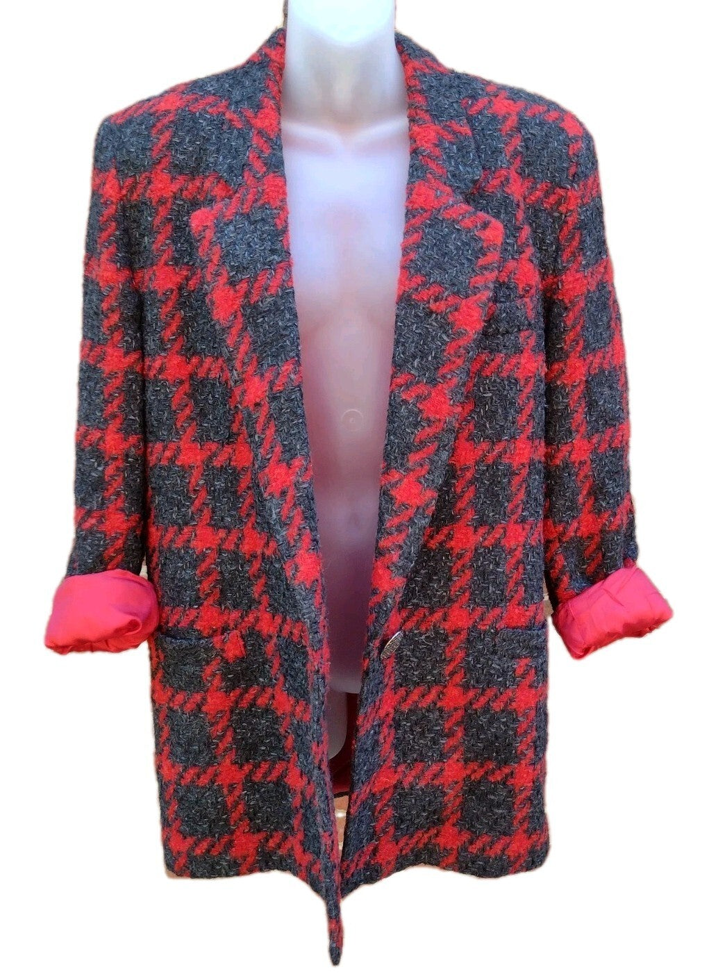 David N Tweed Blazer Jacket Vintage 80s Red Gray Houndstooth 80s Power Oversized