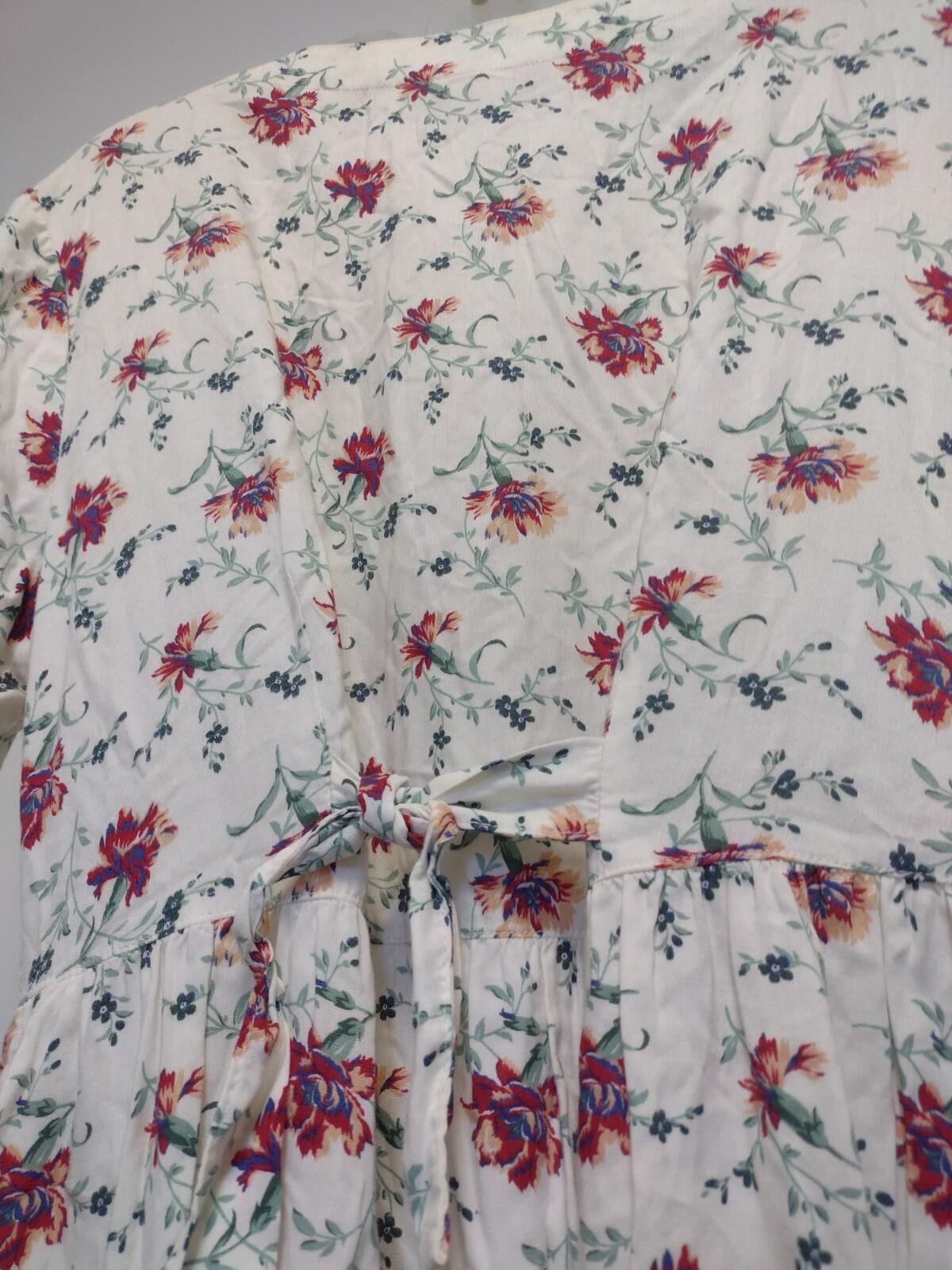 VTG L.L.Bean Floral Rayon Dress Petite 14 Made in USA Button Front Tie Back