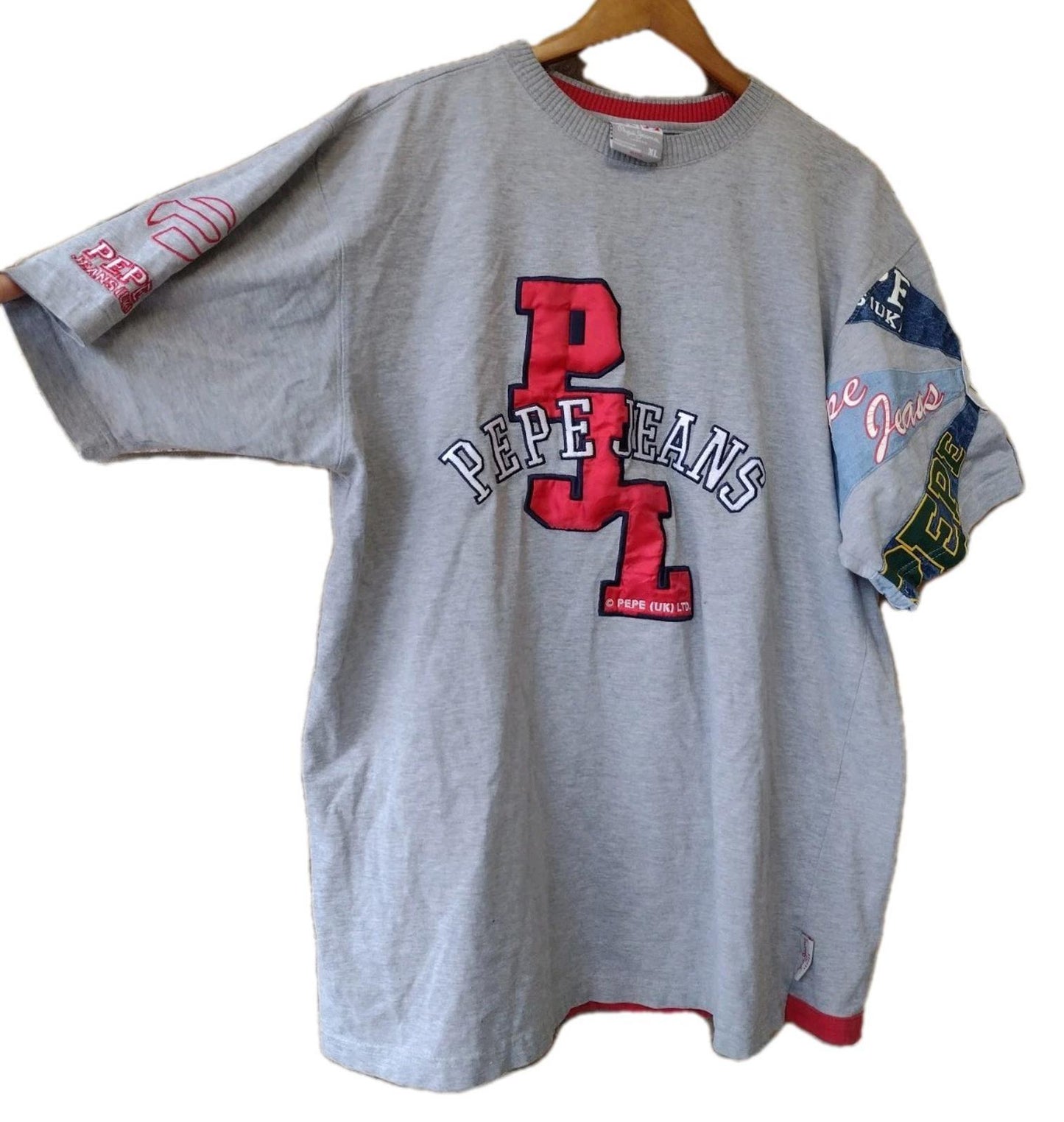 Y2K VTG Pepe Jeans Patchwork 30 Years Shirt XL Gray Denim Applique 73 Back