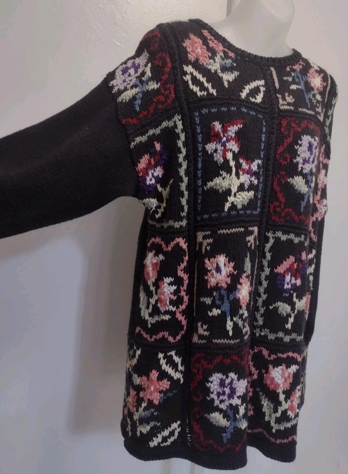 Vintage 80s Celina Yang Floral Intarsia Ramie Cotton Sweater L Hong Kong Knit