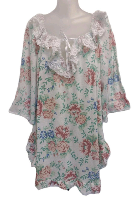 Vintage 60s 70s Floral Babydoll Nightgown Lace Trim Brushed Poly Cottagecore M/L