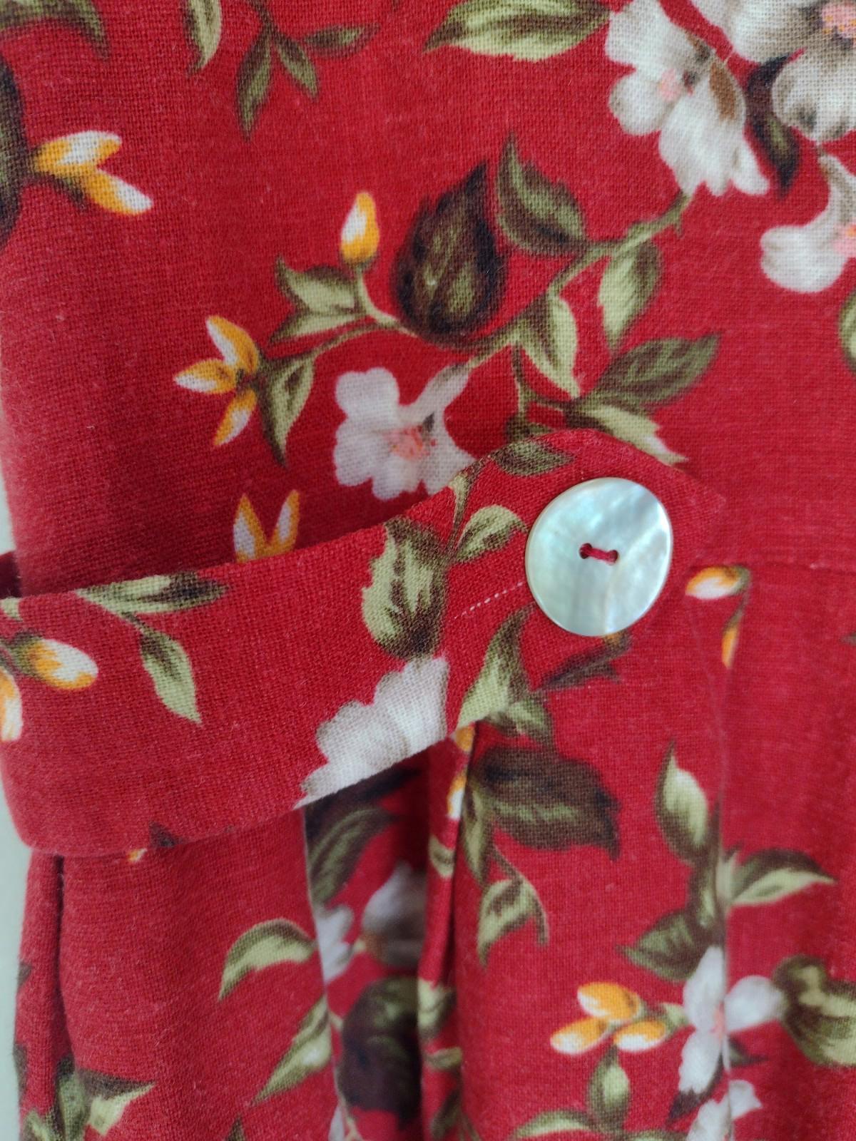 Vintage 80s Linen Blend Floral Midi Dress MOP Buttons Tie Back M