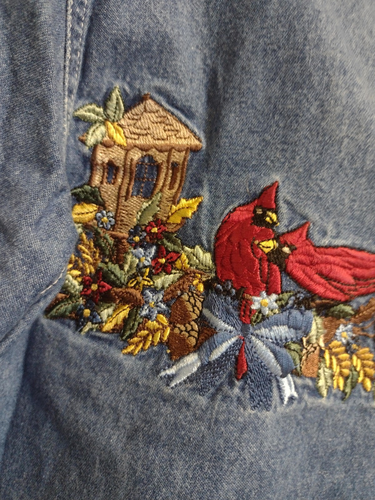 Vintage Denim Shirt Embroidered Cardinals Birdhouse Cotton Button Up Women's L