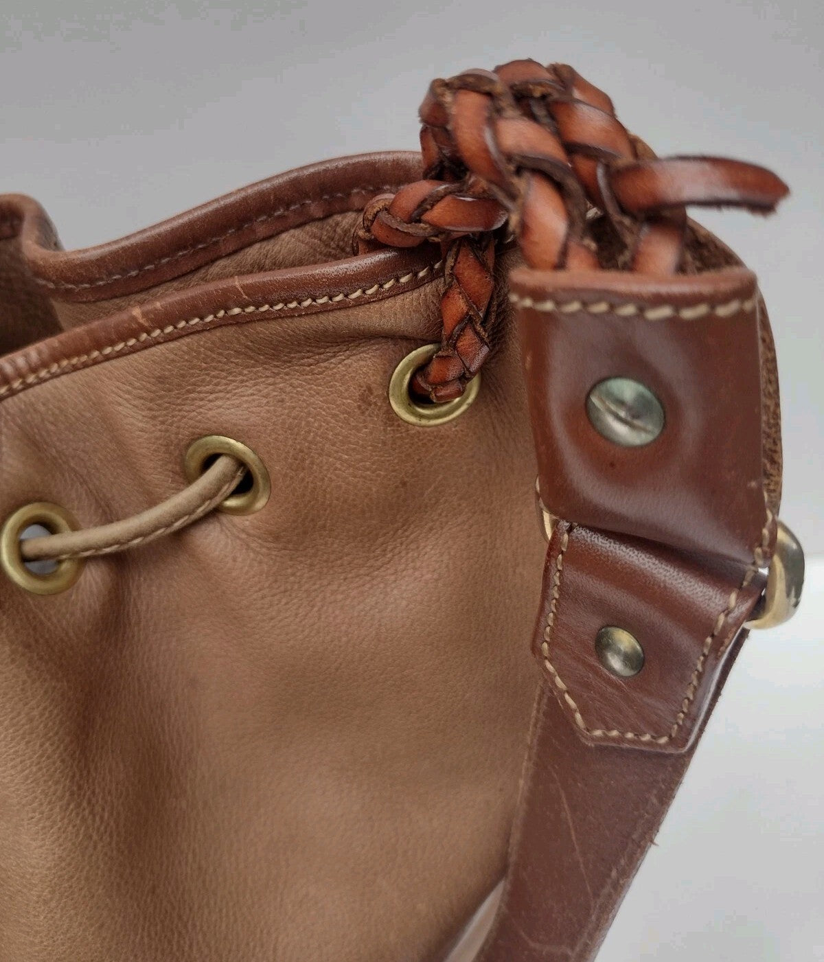 Vintage Leather Bucket Bag Brown Drawstring Boho Equestrian Slouchy Large Tote
