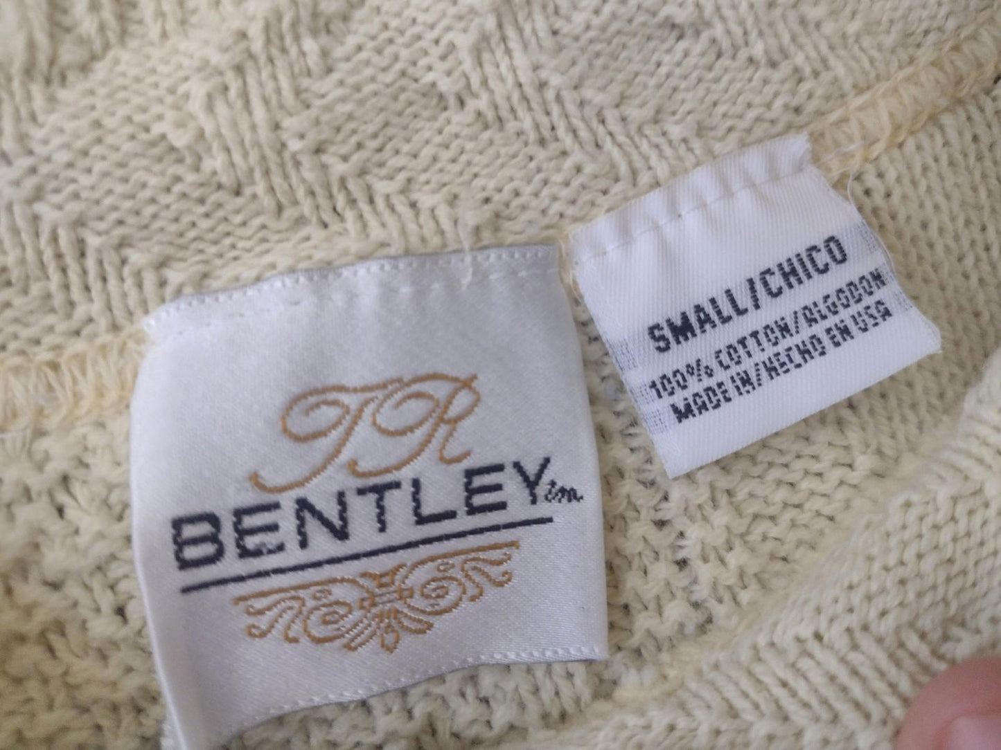 Vintage 90s TR Bentley Cotton Heart Knit Sweater Small Pale Yellow USA