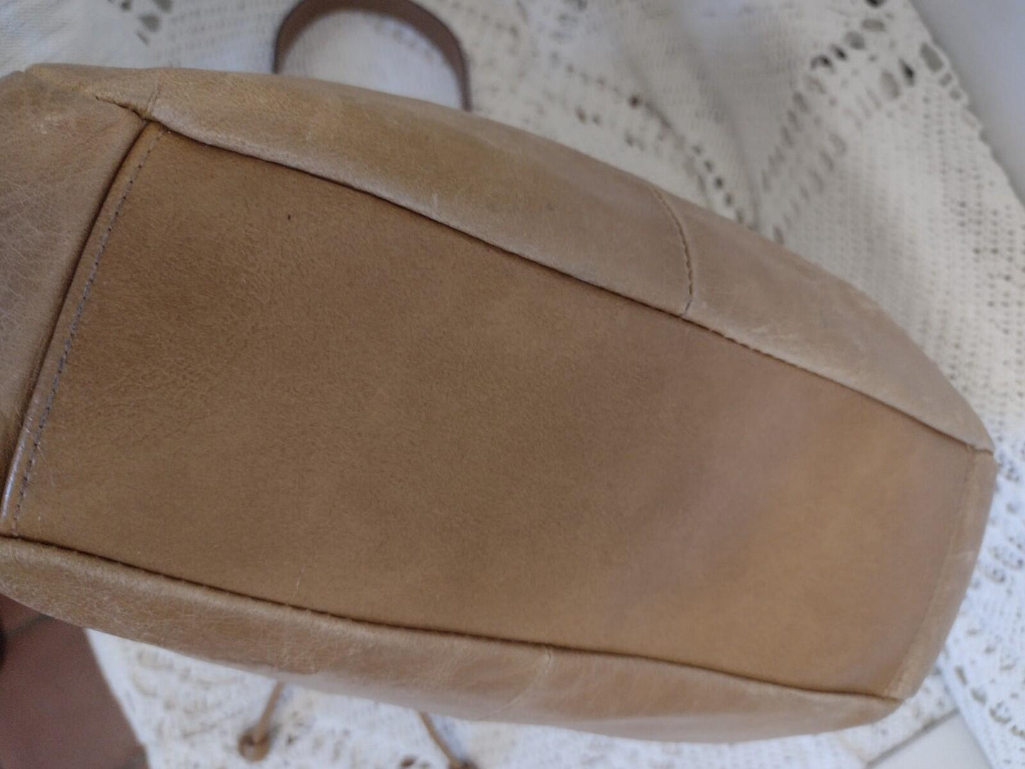 Vintage Tan Leather Drawstring Shoulder Bag Waxed Distressed Finish Stud Accents
