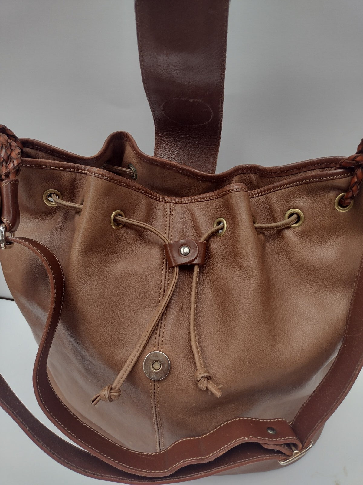 Vintage Leather Bucket Bag Brown Drawstring Boho Equestrian Slouchy Large Tote